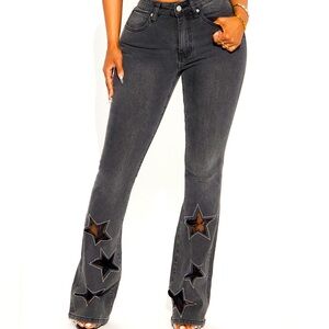 Black denim jeans and vest with lace and rhinestones. Sizes: Top XL, Bottoms 9